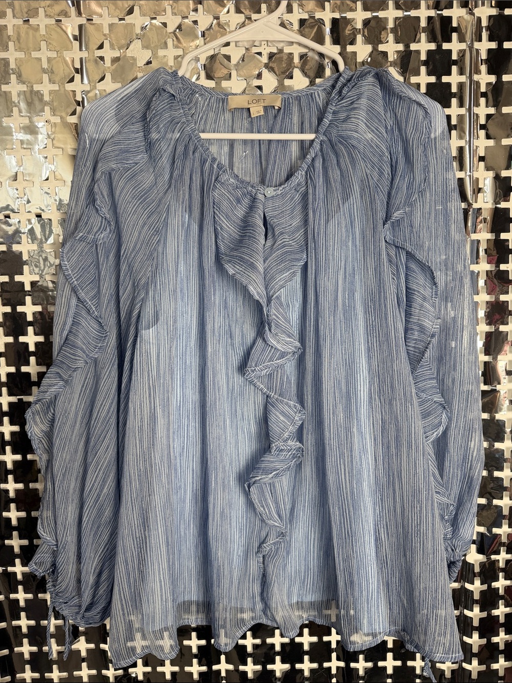 LOFT Light Blue Striped Ruffle-Front Blouse